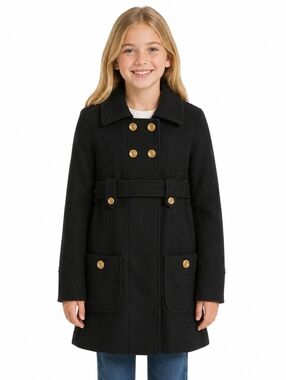 2/$50 GAP Girls Black Wool Peacoat Coat Gold Button Belted Jacket Size 10-11